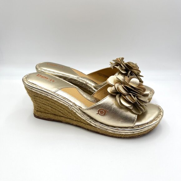 Born Shoes - Born Womens Gold Leather Floral Flower Wedges Sandals Mules Shoes